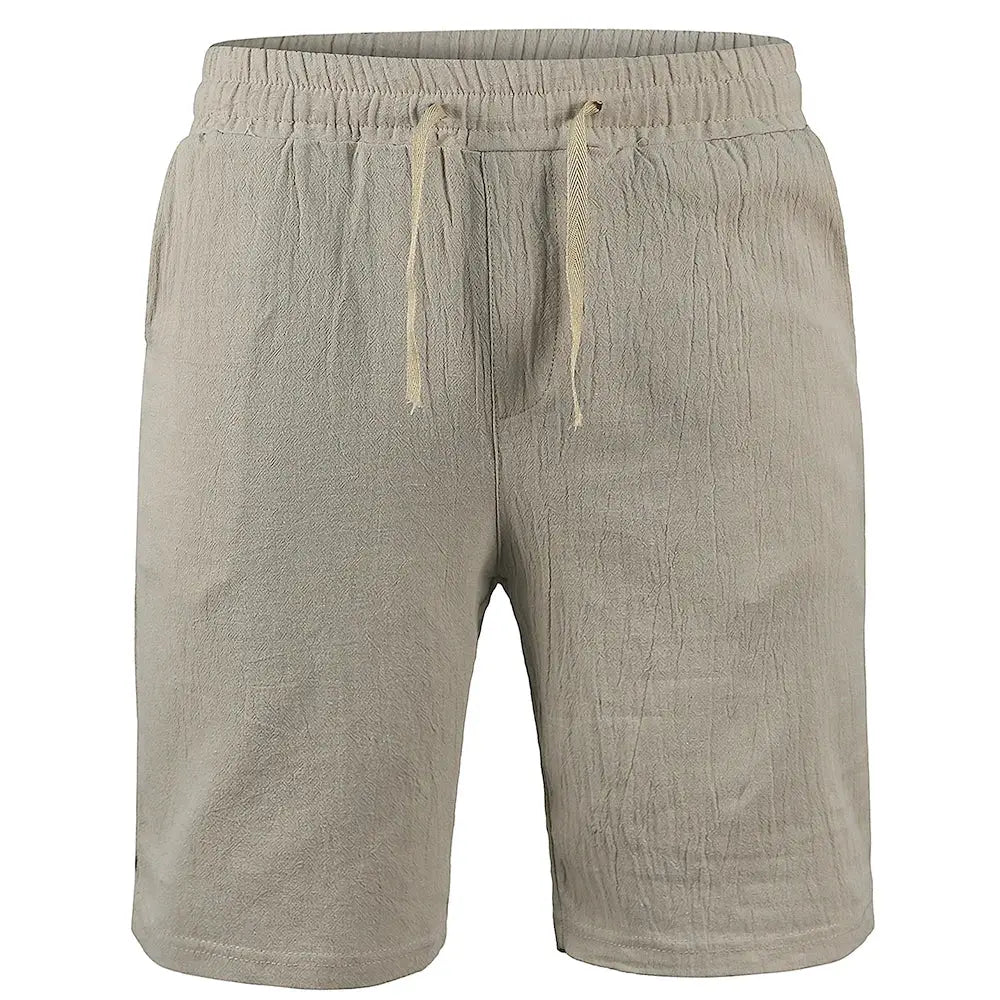 Men's beige cotton-linen shorts with drawstring waist, lightweight breathable fabric, casual streetwear-style summer bottoms