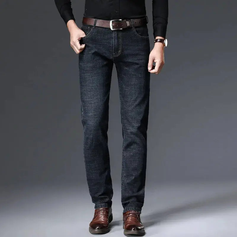 Men's straight-leg jeans, dark indigo stretch denim, slim-fit
