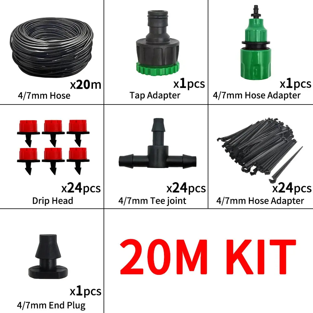 Micro Drip Irrigation System Portable 20 Meter Automatic Watering With Adjustable Drippers Misting Kit For Garden Hose