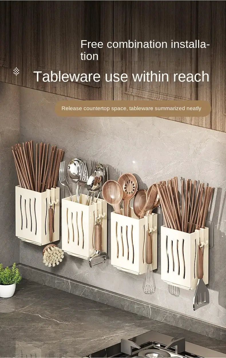 Chopsticks storage box set (4) wall-mounted, cream-colored utensil holders by Simples Market