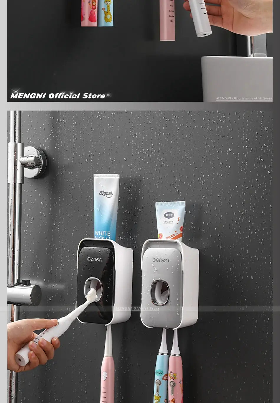MENGNI wall-mounted toothpaste dispenser and toothbrush holder; dual units with punch-free operation
