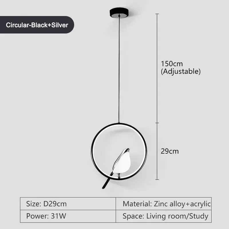 Pendant light with circular black frame and magpie bird decor, LED, adjustable cord