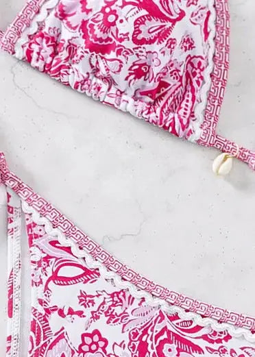 Simples Market 2026 Triangle Bikini Set in pink floral print with geometric trim; push-up top and Brazilian bottoms (two-piece)