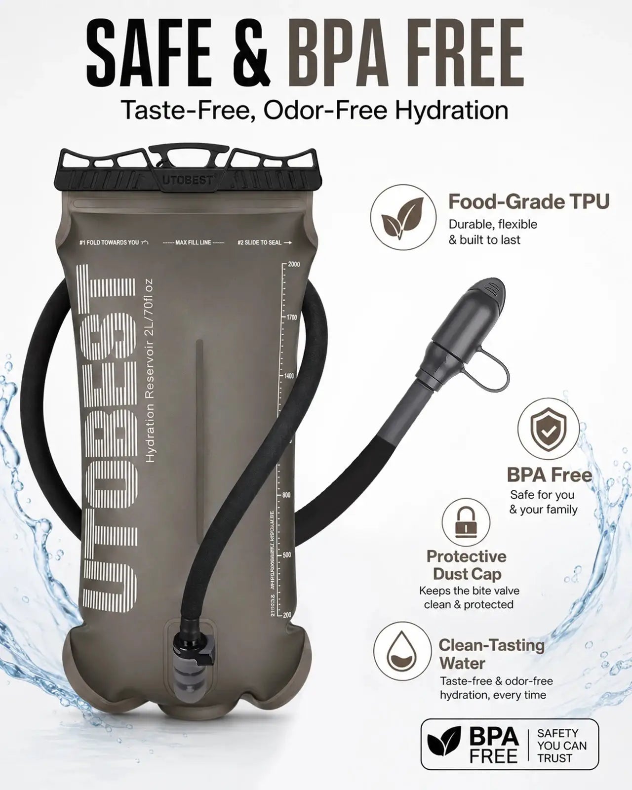 UTOBEST hydration bladder 1.5L/2L/3L with food-grade TPU, BPA-free reservoir for camping