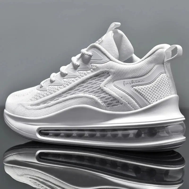 Men's white sneakers with breathable mesh and air-cushioned sole by Simples Market fashion running shoes