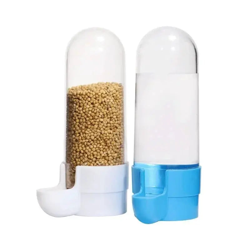 Hanging pair of bird feeder water dispensers by Simples Market; clear cylinders, beige grain, white and blue bases