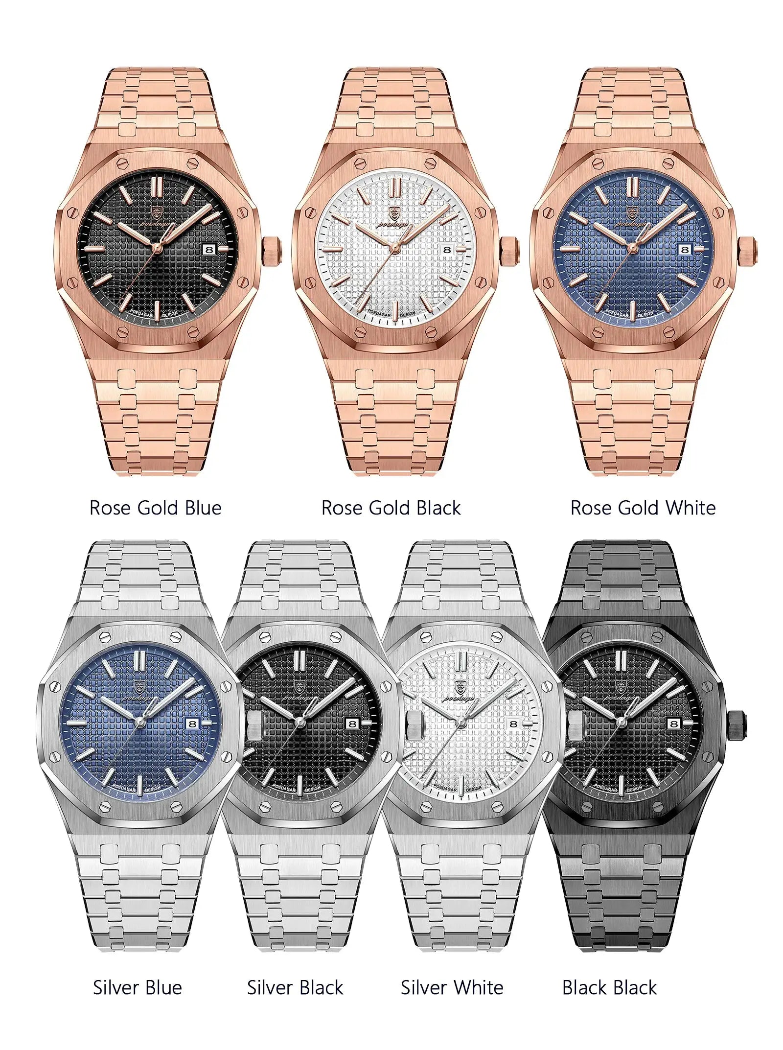 POEDAGAR luxury men's watches Simples Market; seven rose-gold and silver stainless steel timepieces.