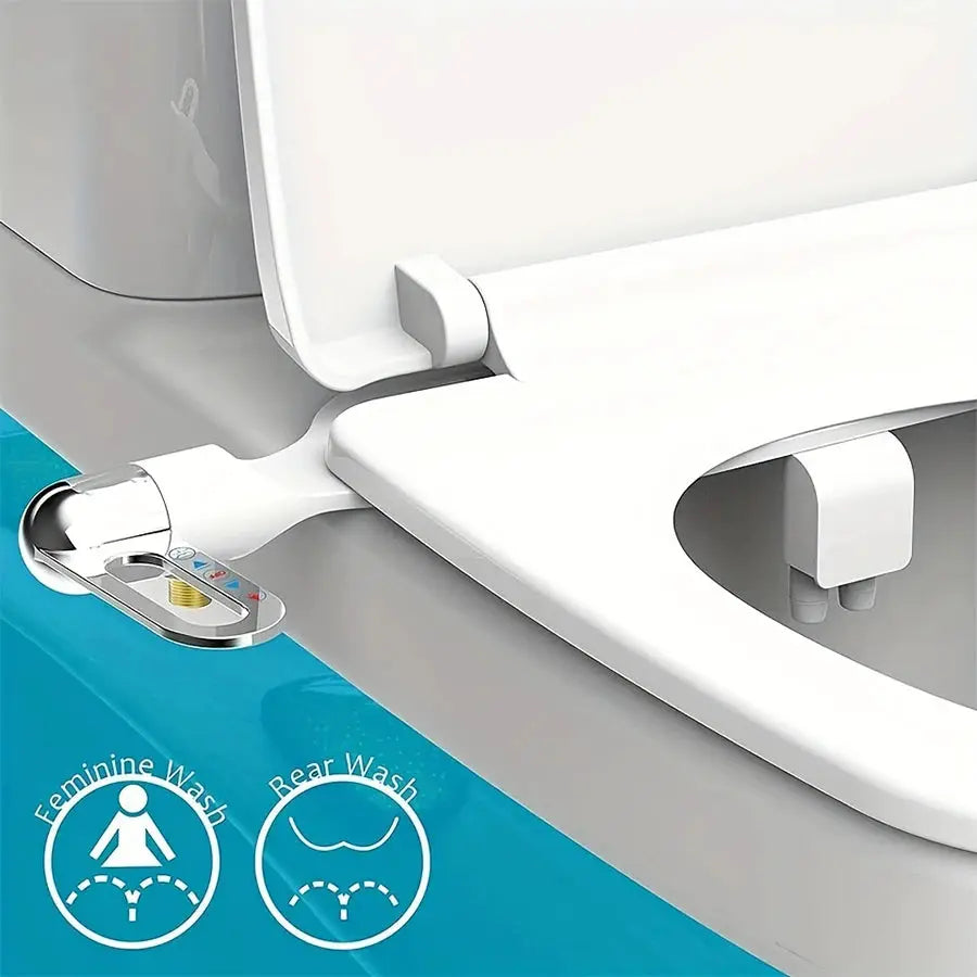 Non-Electric Bidet spray nozzle by Simples Market on white toilet seat with adjustable spray and chrome control panel