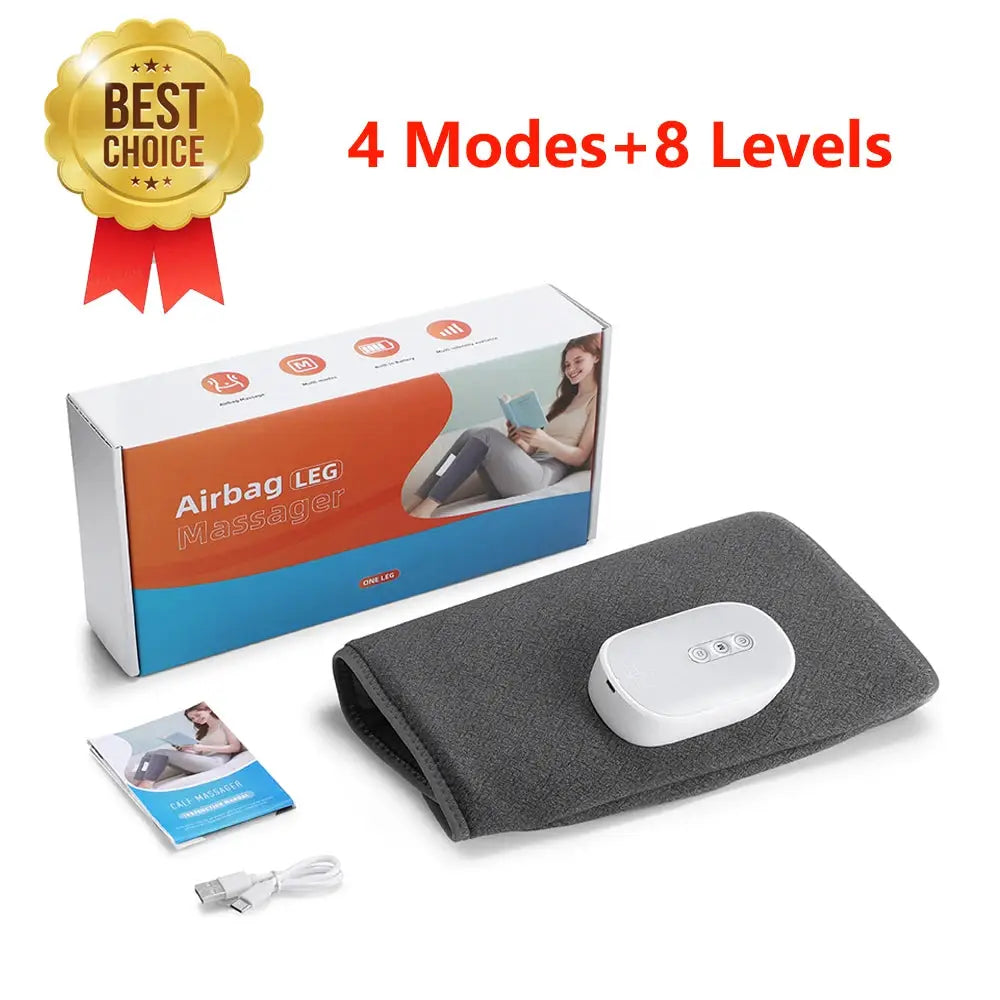 Simples Market electric 360° calf massager with grey wrap and white control unit; includes box, USB cable, and manual
