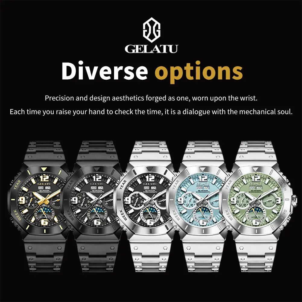GELATU men's diving automatic watches by Simples Market; set of 5 color variants (black, gunmetal, silver, blue, green)