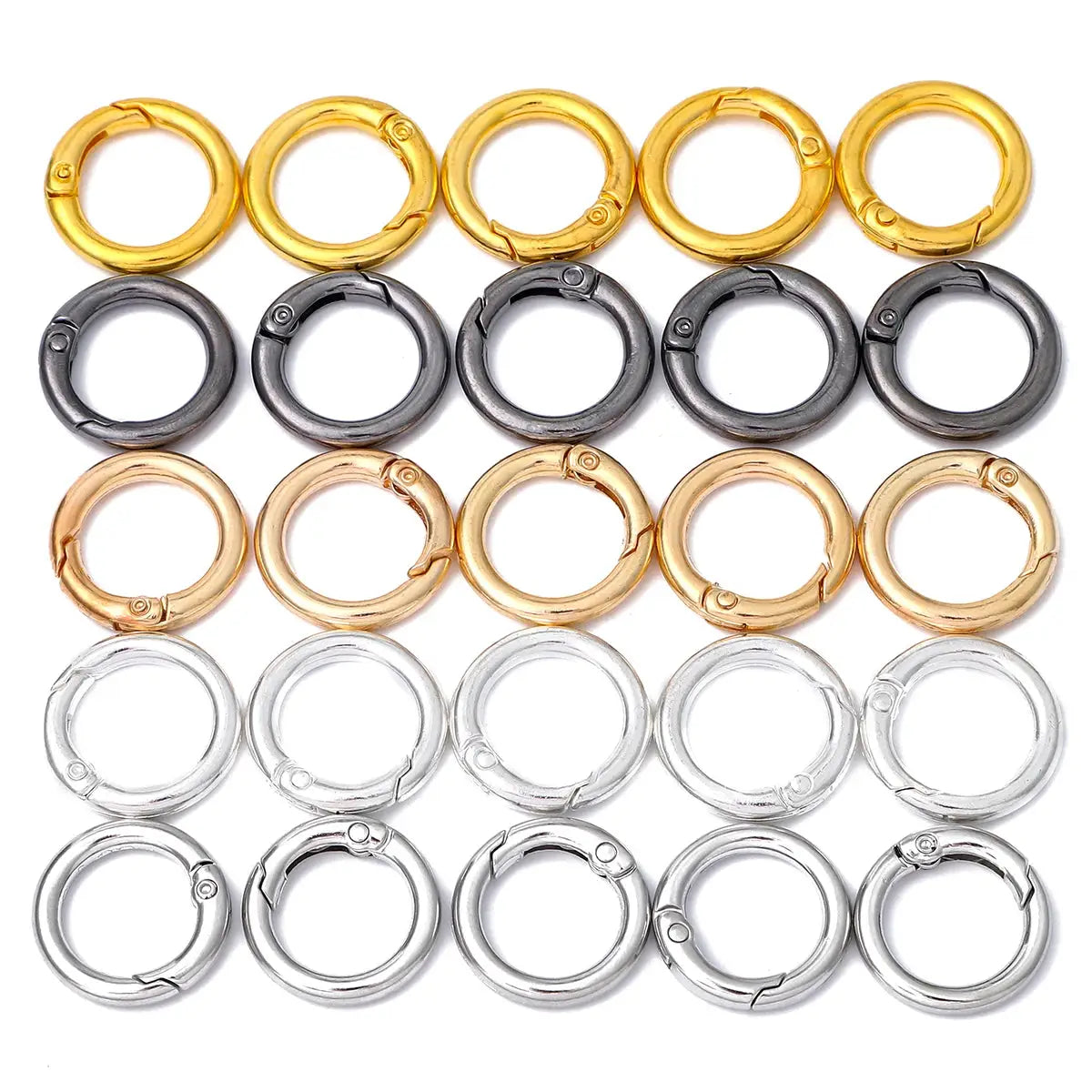 Set of 20 alloy open spring rings in gold, dark gray, copper, and silver for keychains and luggage