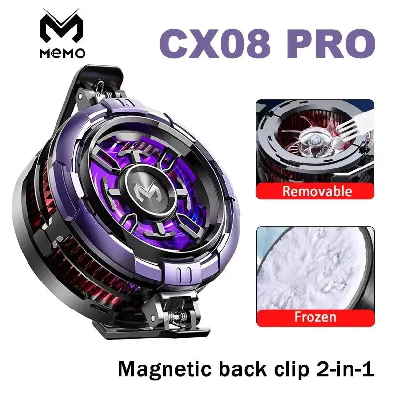 MEMO CX08 Pro magnetic back-clip phone cooler, purple and black gaming fan