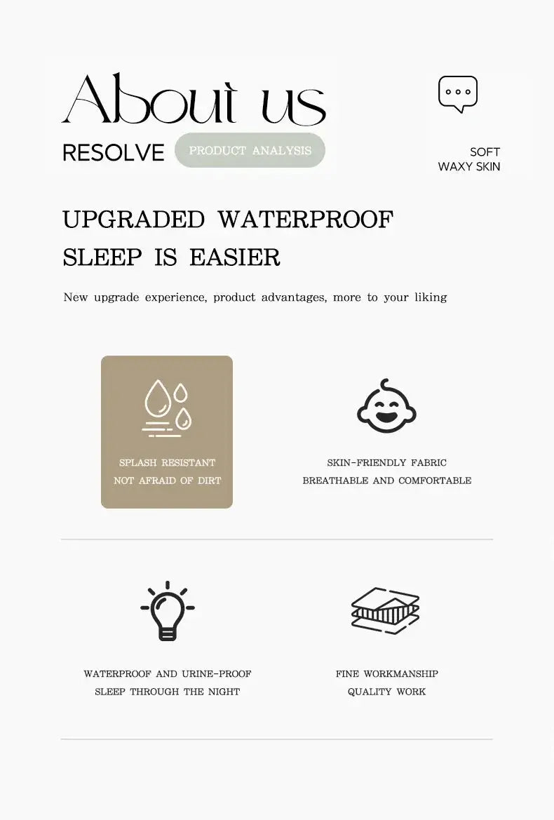 Bed sheet TPU waterproof by Simples Market highlighting splash resistance and skin-friendly breathable fabric.