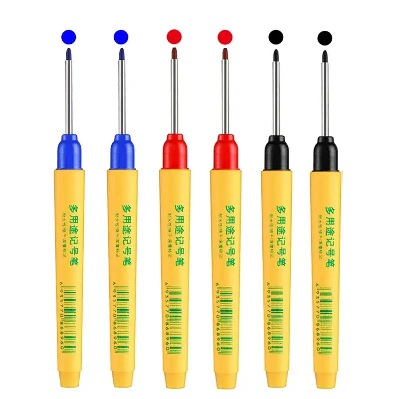 Simples Market 6pc set of 33mm long-head woodworking marking pens, yellow bodies with blue, red, and black tips.