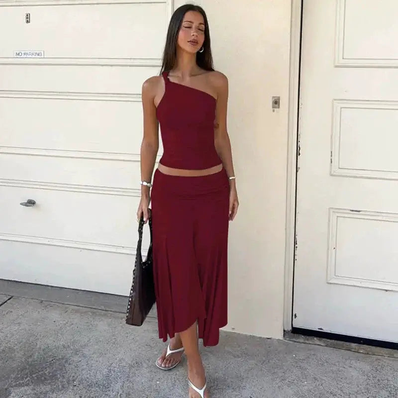 Tossy Pleated Two Piece Off Shoulder Cropped Top And Long Skirt Set