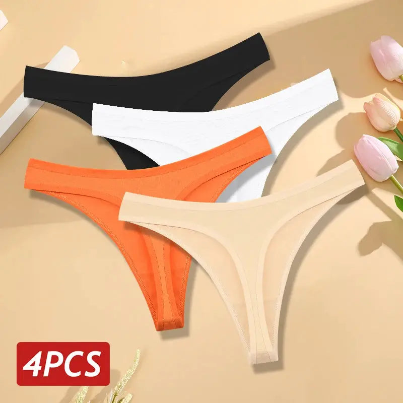 4-pack women's cotton seamless low-rise thong underwear in black, white, orange, and beige.