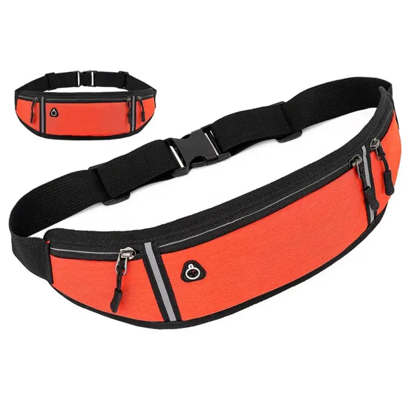 Simples Market fanny pack for running, orange waist belt bag with black zippers and adjustable strap
