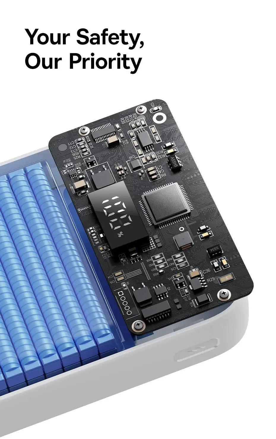 Baseus 20000mAh PD 22.5W fast-charging power bank; close-up of PCB with blue cells