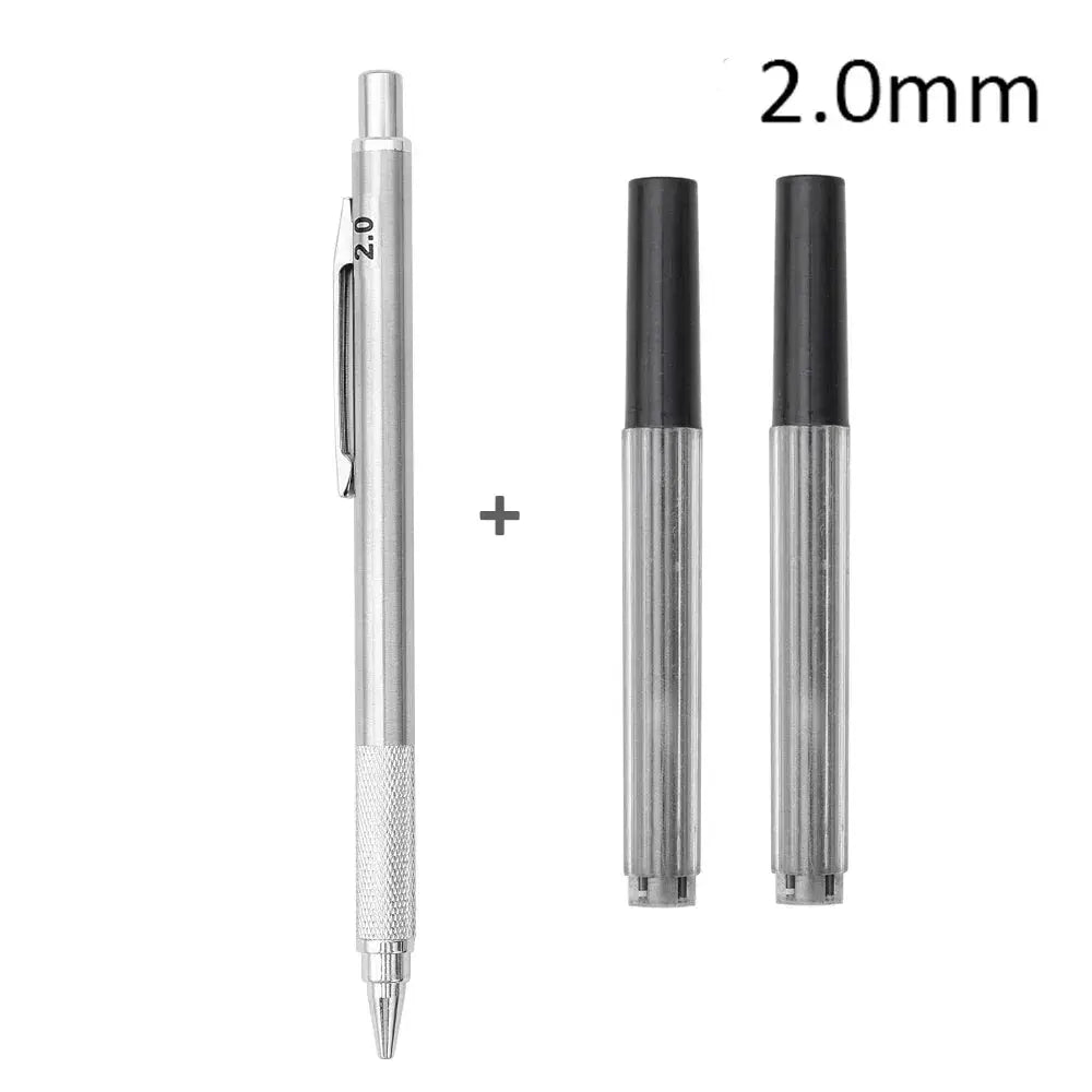 Simples Market metal mechanical pencil set with 0.3-2.0mm leads; silver body, knurled grip, and two lead refills