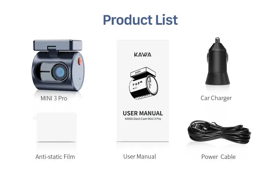 2K KAWA Mini 3 Pro dashcam 5pc blue kit by Simples Market with manual, car charger, anti-static film, power cable