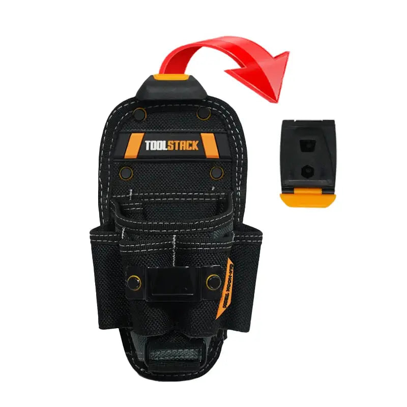 Toolstack waist tool bag by Simples Market; black high-capacity tool organizer with orange accents.