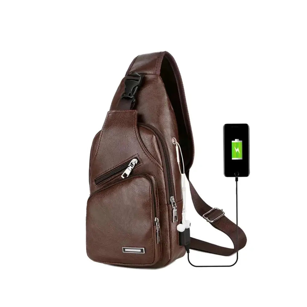 Men's brown PU leather chest crossbody bag with USB charging port and multiple zipper pockets.