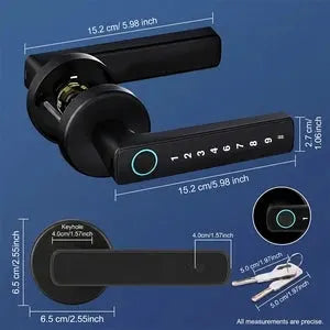 Simples Market Tuya Bluetooth smart door lock lever with fingerprint, IC card and keypad, black finish.