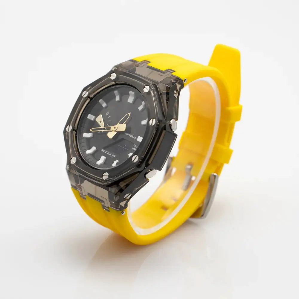 Casioak GA2100 watch with transparent mod kit case and bright yellow rubber strap