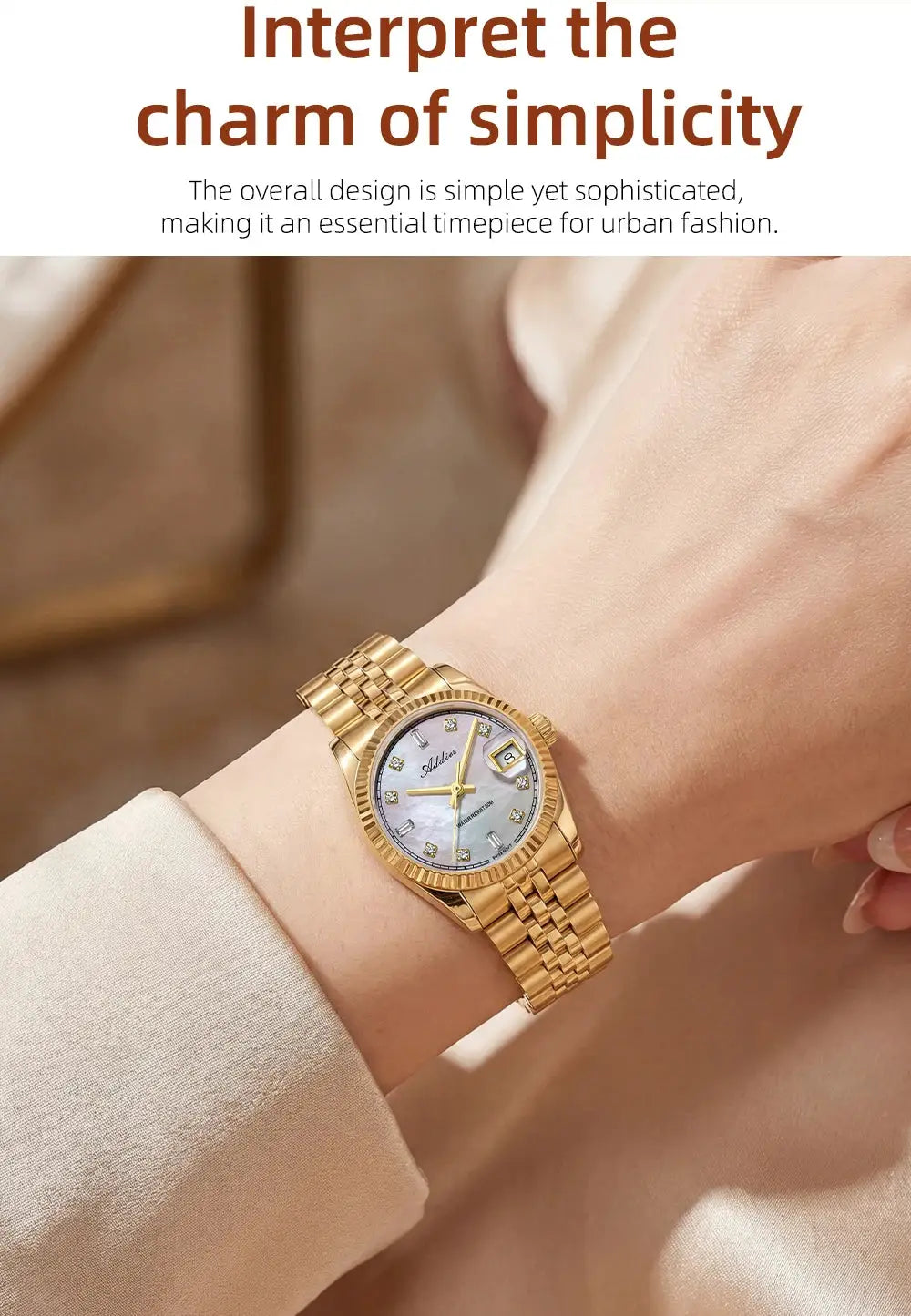 ADDIES gold-tone stainless steel women's watch, 28mm case, silver dial with diamond markers