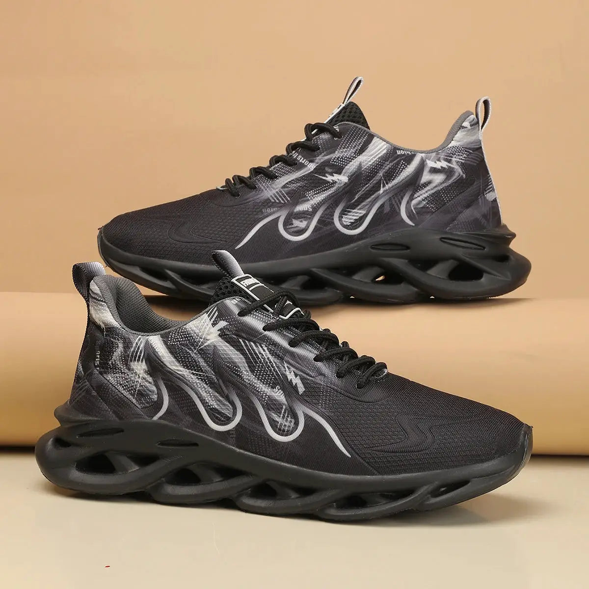 Unisex black mesh running shoes with lightweight breathable upper and sculpted sole.