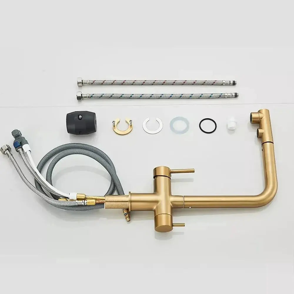 Kitchen pull-out filtered faucet brass gold with dual spray, 360° rotation by Simples Market