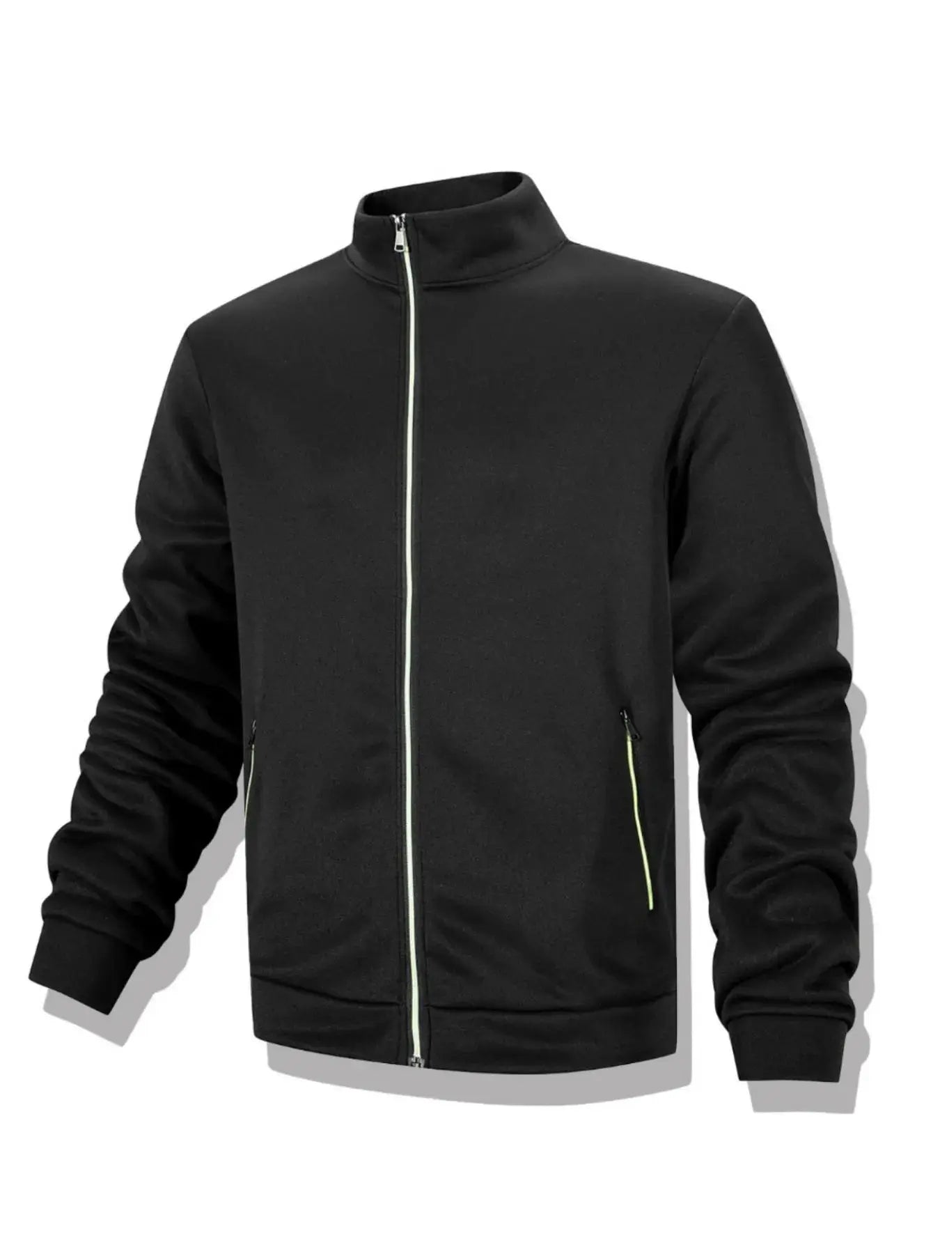Men's black full-zip stand-collar jacket, windproof warm outerwear for autumn/winter