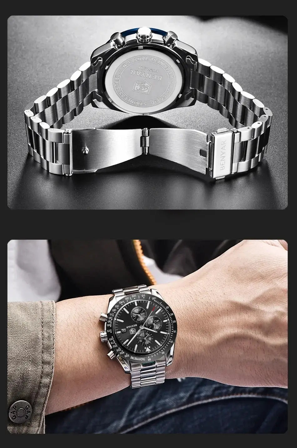 Men's BENYAR stainless steel chronograph watch with metal bracelet on wrist, black dial