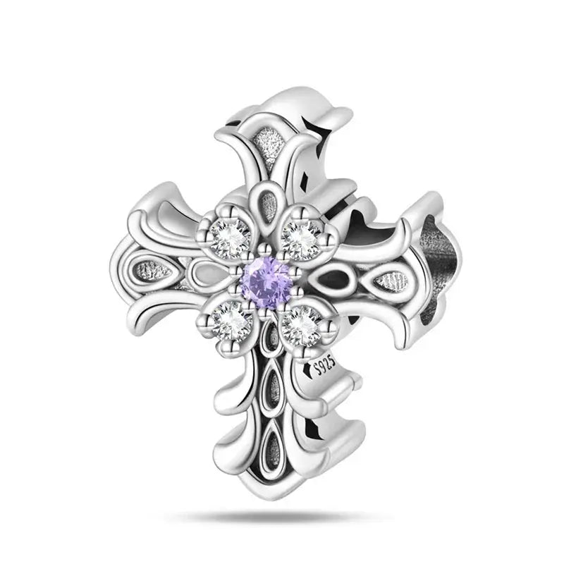 Silver-plated guardian angel heart charm with purple zircon and clear stones for Qikaola 925 bracelets