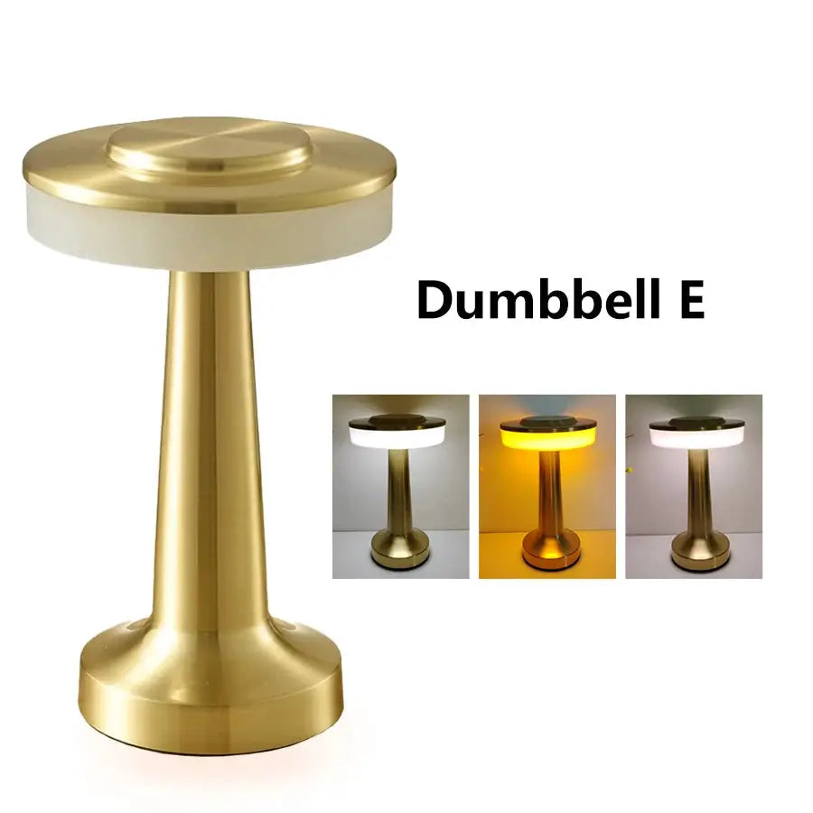 LED table lamp by Simples Market, gold metal finish, rechargeable touch desk light for bar or coffee table.