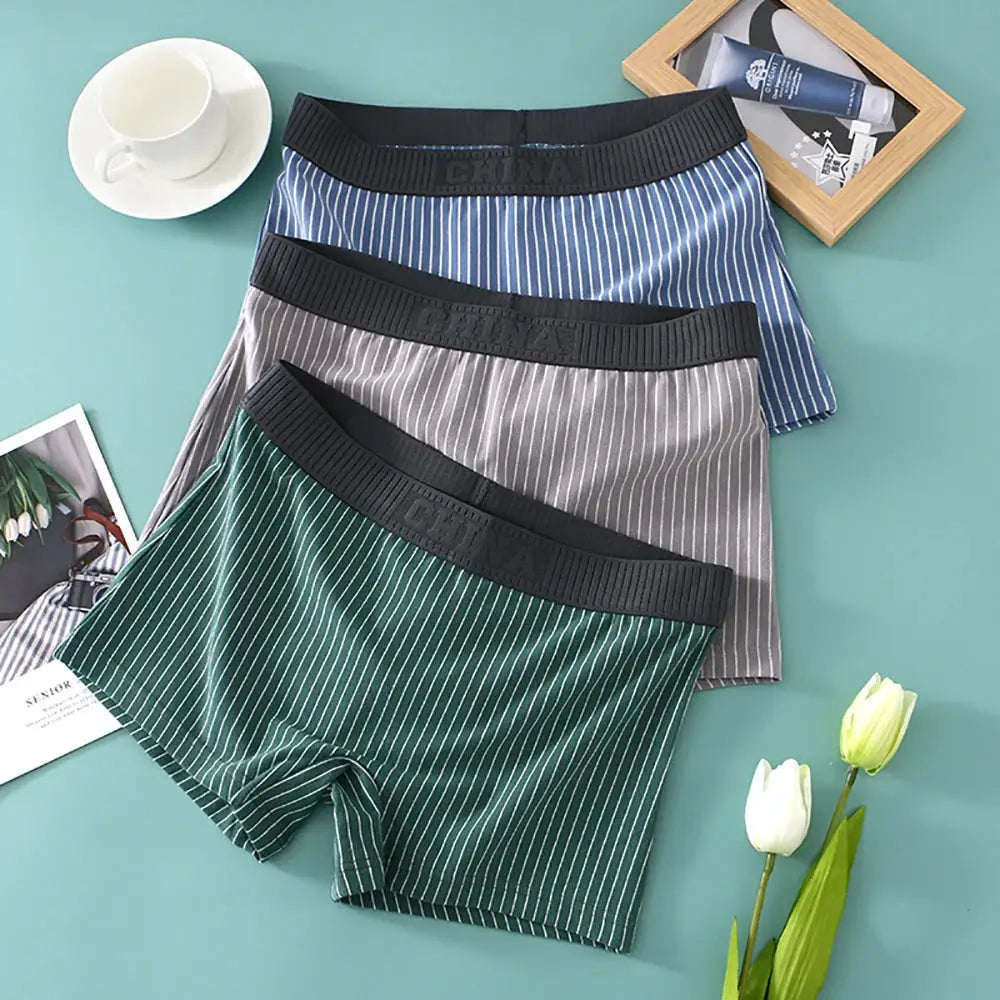 Panties 3-pack cotton striped women's boyshorts with mid-rise waist in blue, gray and green.