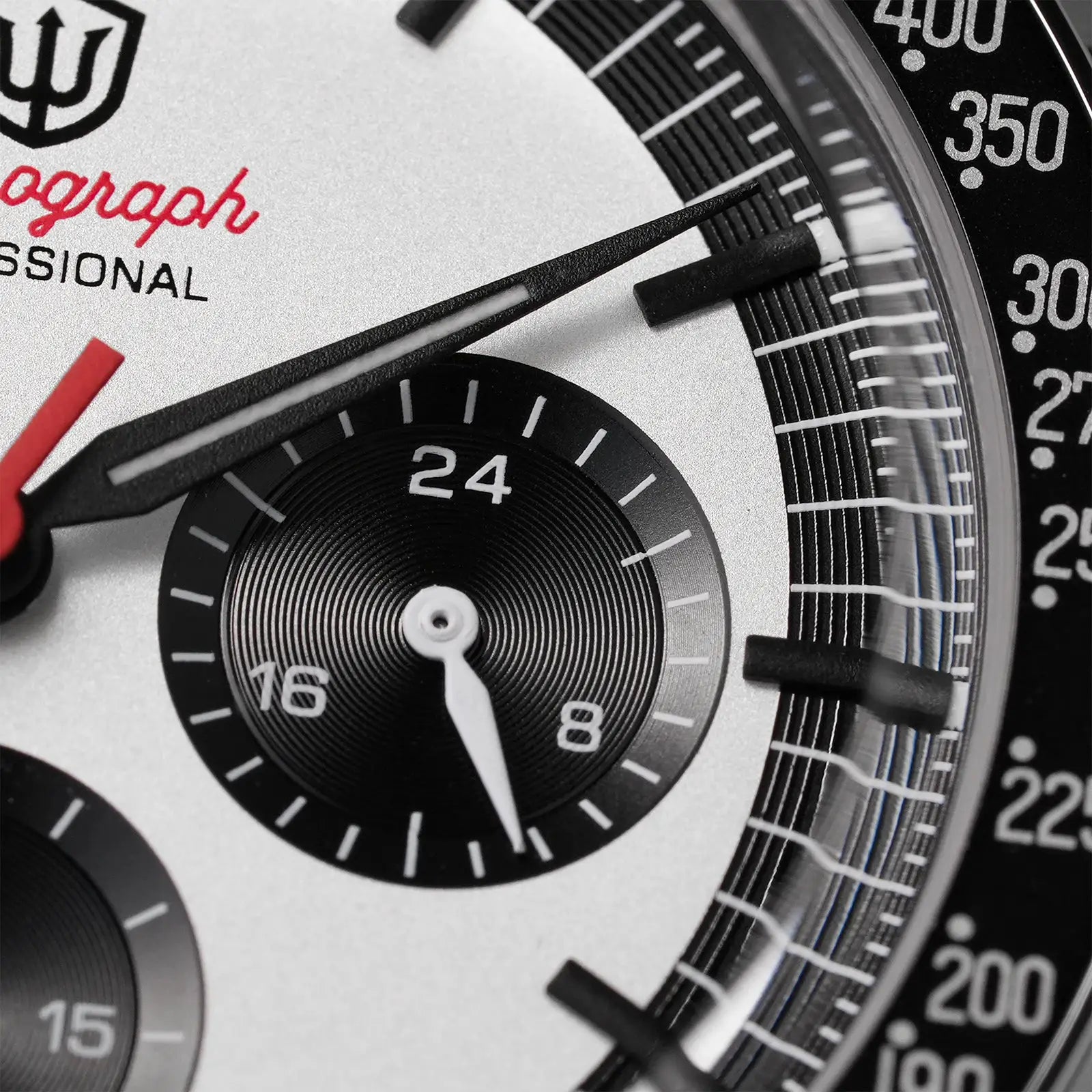 Watchdives WD1863 chronograph watch close-up with silver dial, black subdials, red chronograph hand, tachymeter bezel.