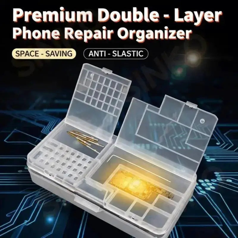 Simples Market double-layer phone repair organizer, transparent PVC storage box with multiple compartments.