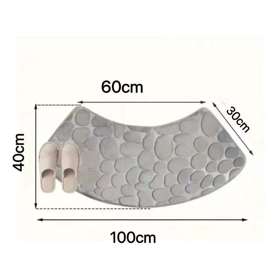 Curved bathroom mat by Simples Market with gray pebble texture; non-slip, absorbent, 100x40 cm