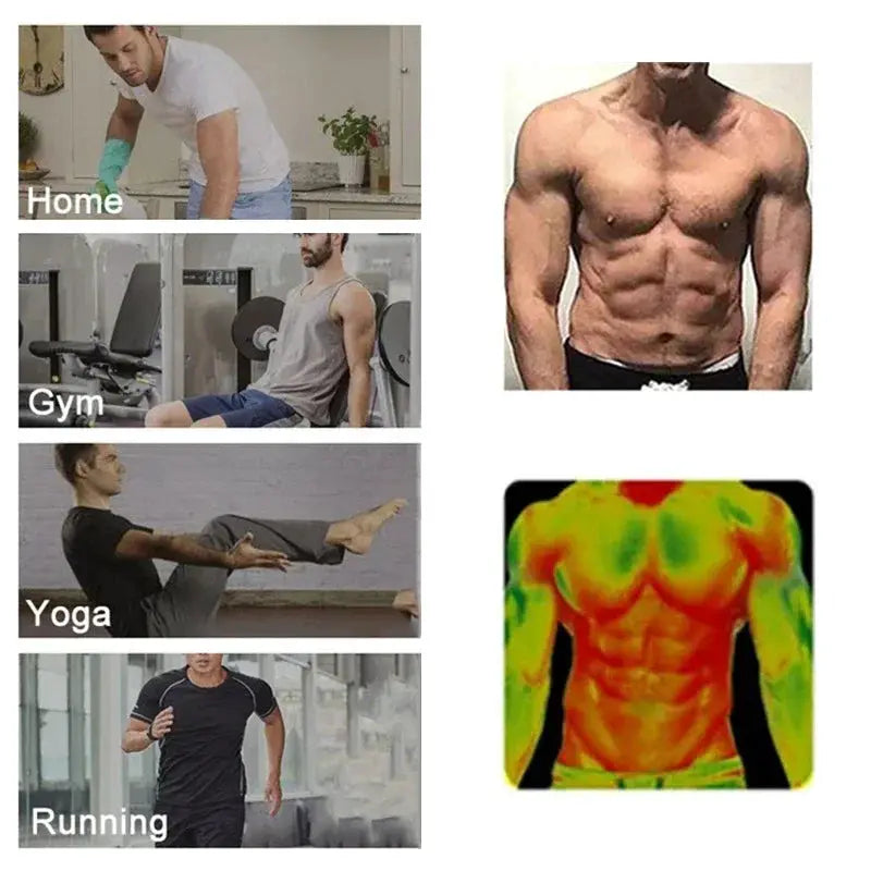 Waist trainer corset for men by Simples Market; six-image fitness collage with home, gym, yoga, running visuals.