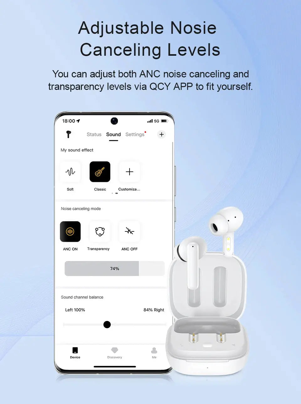 QCY T13 ANC wireless earbuds in white with charging case and phone app showing ANC controls
