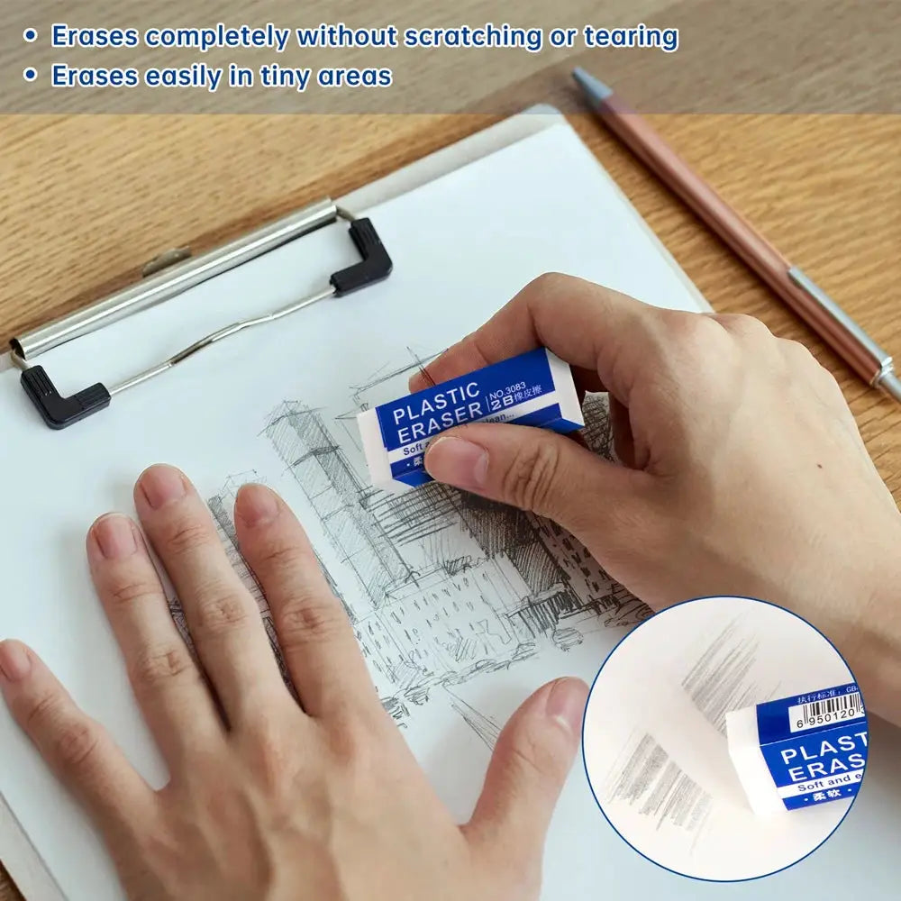 Plastic erasers in blue and white packaging; soft large PVC pencil erasers for school and art
