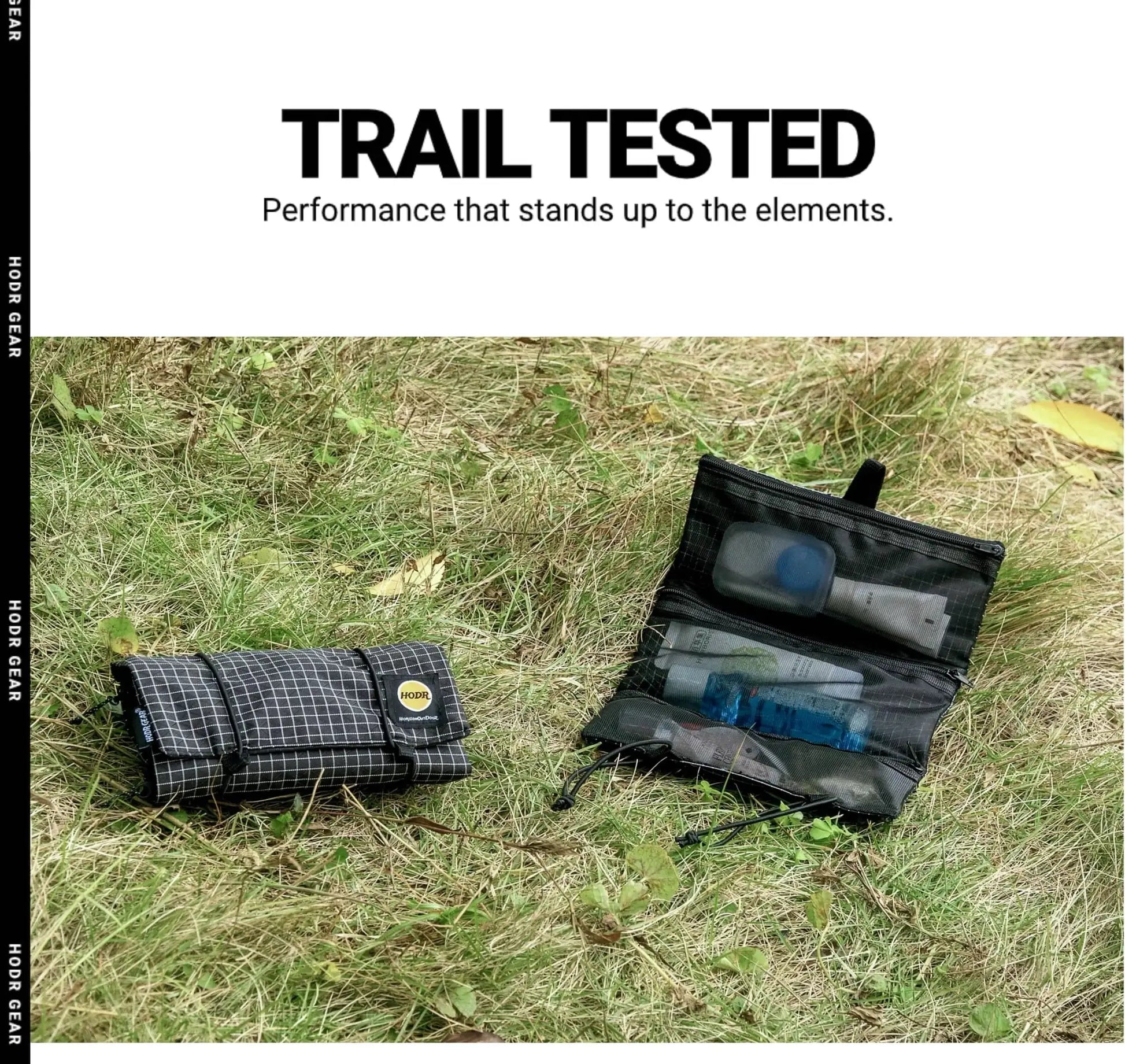 HODRGEAR ultralight toiletries organizer and roll-up mesh pouch; two pouches on grass, UHMWPE gridstop, YKK zippers.