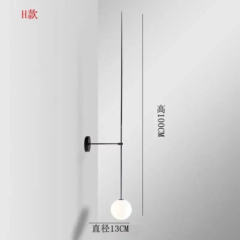 Nordic minimalist pendant chandelier with black metal rod and wall mount, white glass globe, 100 cm height