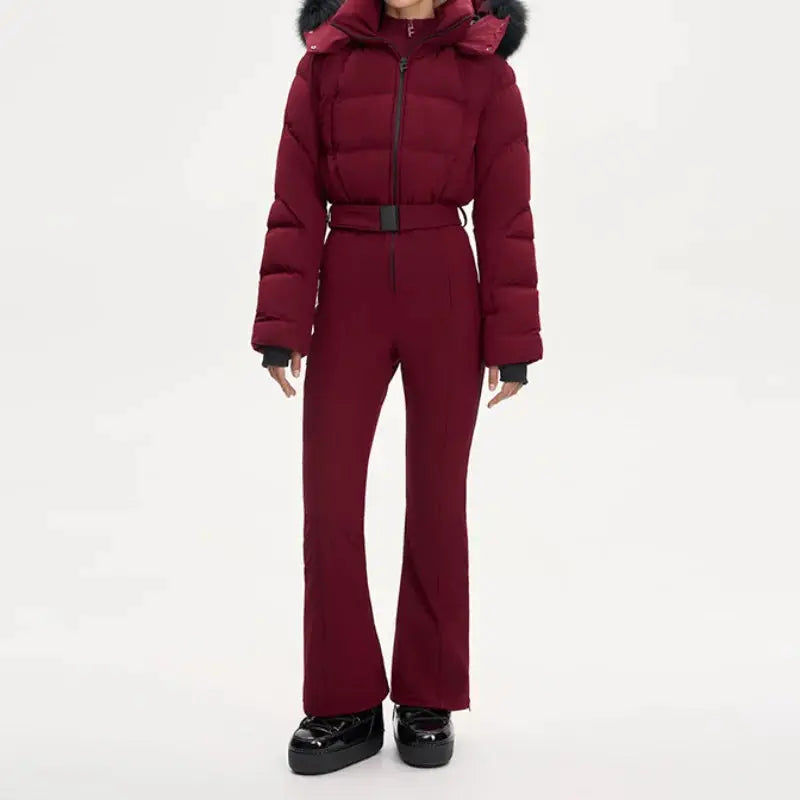 Women’s ski jumpsuit with faux fur hood, belted high-waist, burgundy