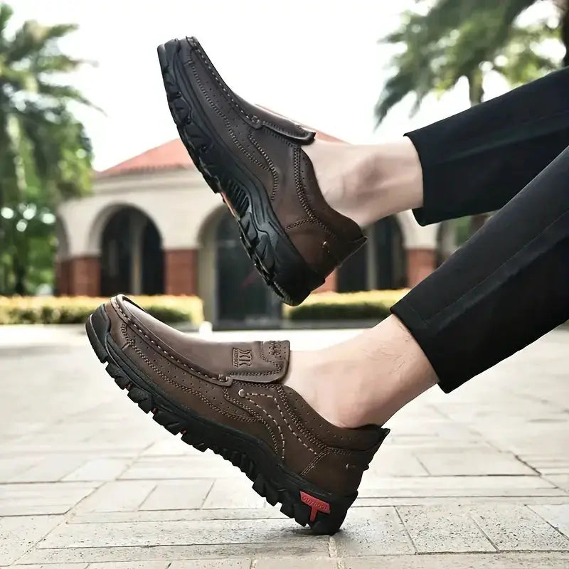 Simples Market brown leather men's slip-on loafers with rugged non-slip sole (pair)