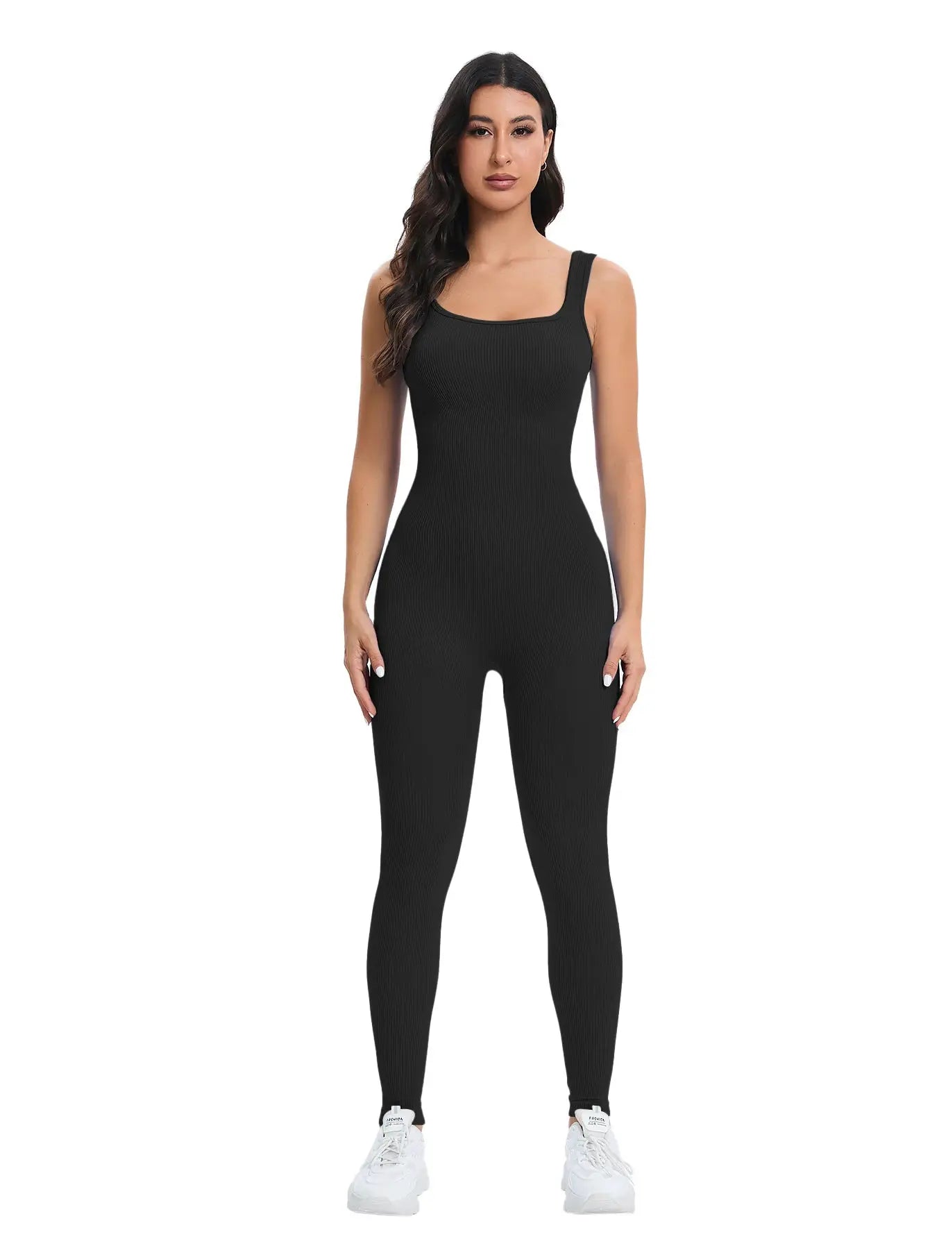 Women's ribbed shapewear jumpsuit with built-in bra, square neckline, sleeveless in black.