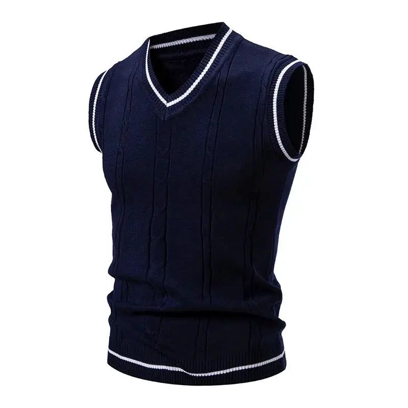 Men's navy V-neck sleeveless knit vest with white trim, slim fit