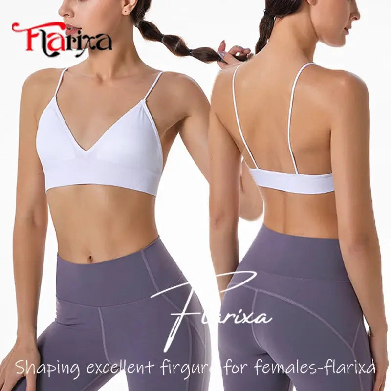 Flarixa triangle-cup bralette white with deep V-neck; 2-piece set includes gray leggings