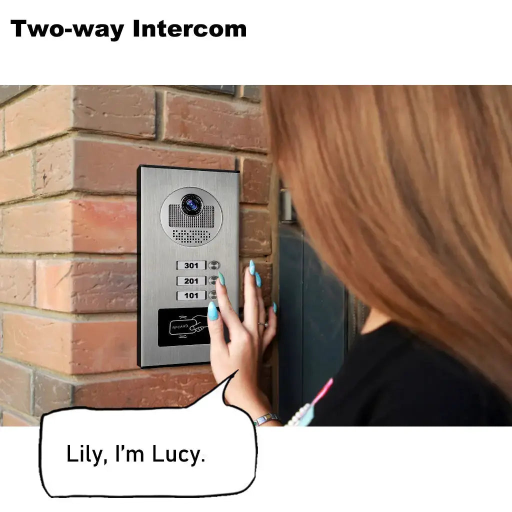 ANJIELO 3-unit outdoor video intercom panel with RFID card unlock on brick wall